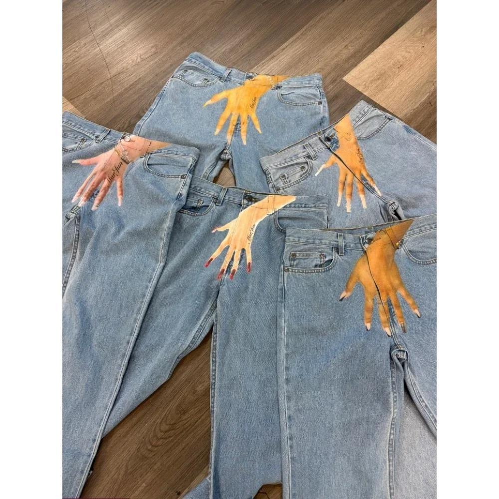 ZYLLO Streetwear Jeans Y2K Gothic Hip Hop Finger Graphic Print Retro Blue Baggy Jeans Men Women Fashion High Waisted Wide Leg Trousers