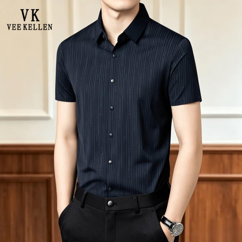 VEE KELLEN Men s Ice-Feel Striped Short Sleeve Casual Wrinkle-Free Shirt 3XL