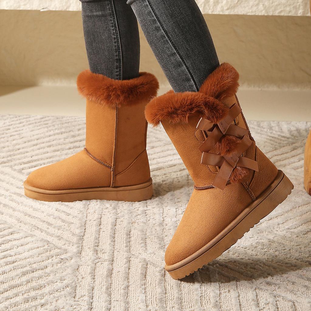 Herbst/Winter Damen Große Mittelhohe Top Stiefel mit Dickem Warmem Schaft Baumwollstiefel Schneestiefel