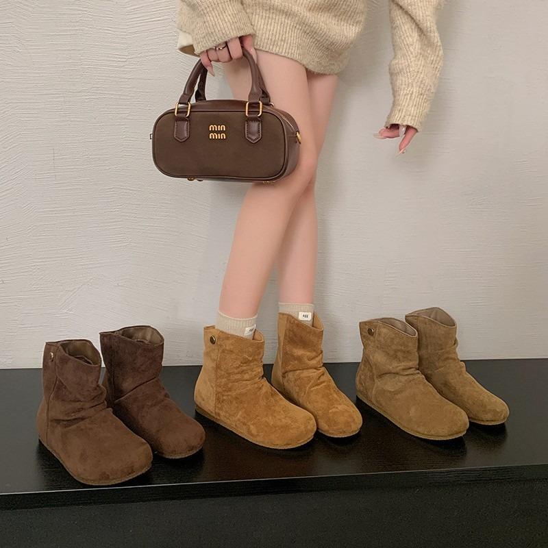 Frosted Leather Folded Martin Boots Women's Short Boots Autumn Round Head Flat Bottom Pile Boots Women's Boots Short Boots