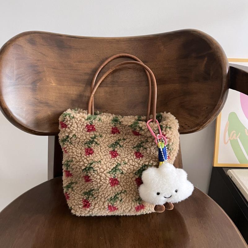 

Autumn and winter versatile fluff bag retro tulip jacquard fleece PU shoulder strap hand bag bento bag mommy bag without cloud charm