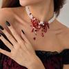 Salircon Gothic Red Crystal Blood Drop Pendant Choker Necklace Women Vintage Imitation Pearl Short Chain Halloween Jewelry Gift