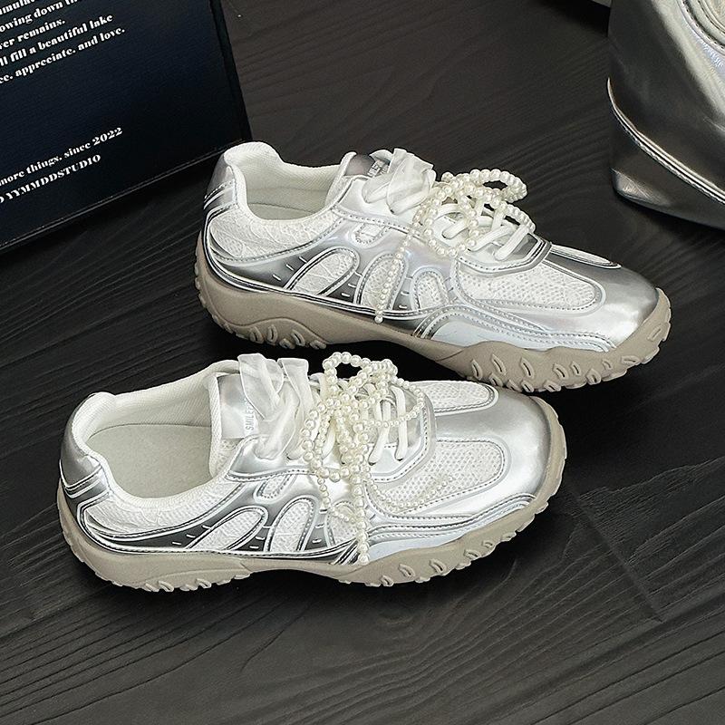 

Leather retro pearl ballet women s spring and summer new crescent bottom platform casual sports women s shoes 35 серебряный