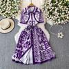 Vintage Red Baroque Print Shirt Dress Women Turn Down Neck Short Sleeve Button Front Belted High Waist Party Vacation Midi Dress