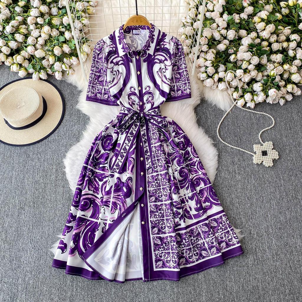 Vintage Red Baroque Print Shirt Dress Women Turn Down Neck Short Sleeve Button Front Belted High Waist Party Vacation Midi Dress