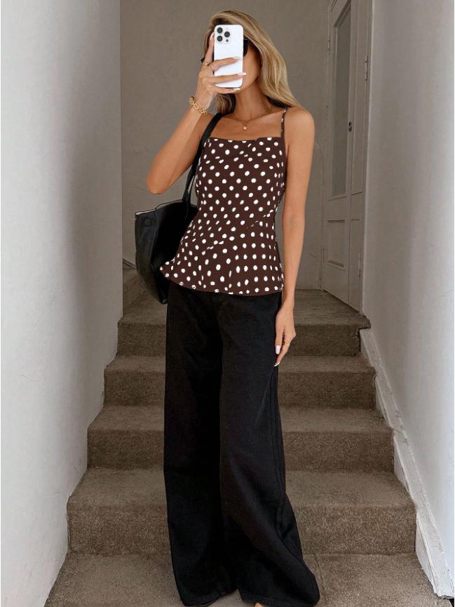 Women's European & American Style Polka Dot Spicy Girl Camisole with Tummy Covering and Butterfly Knot Back