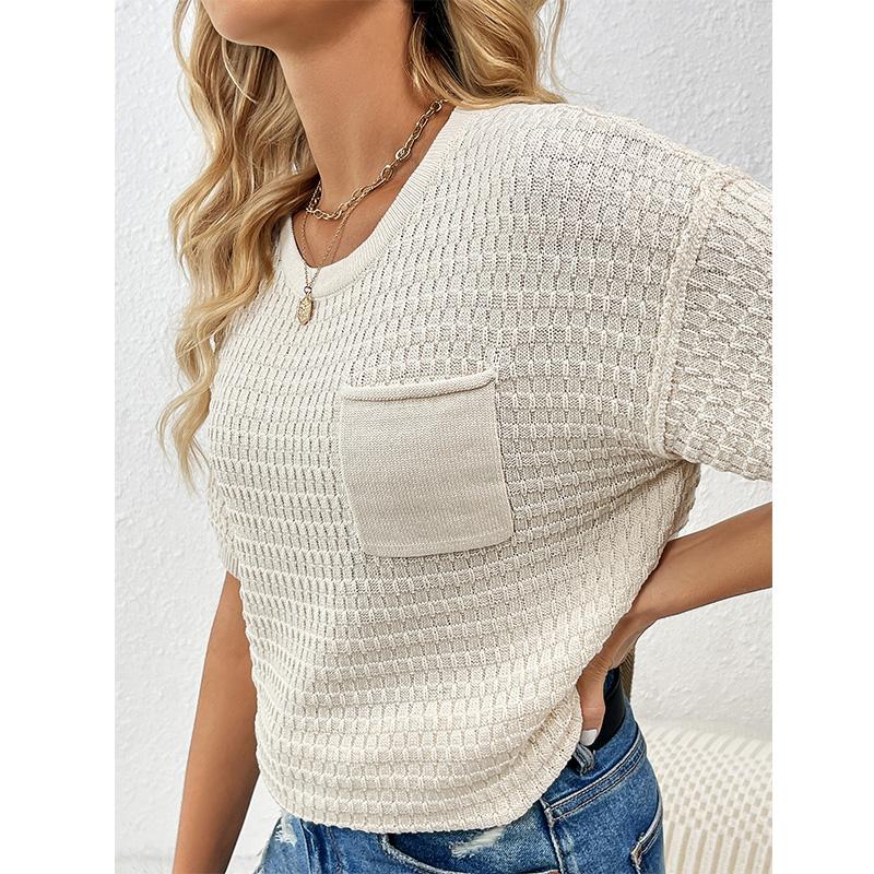New Spring/Summer Women's Pullover Pocket Home Short Sleeve Solid Color Women's Knitwear