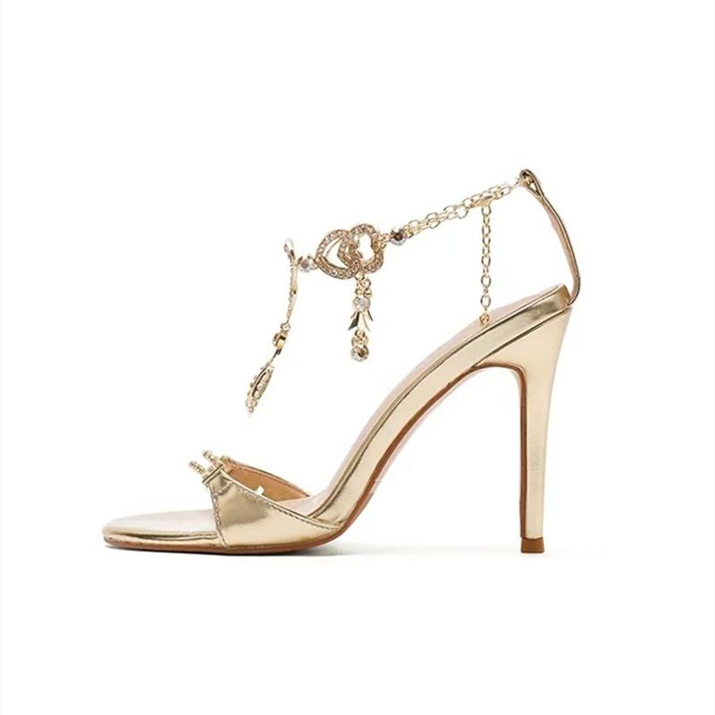 

Fashion Luxury Rhinestones Chain Cordate Pendant Women Gladiator Sandals Sexy Ankle Strap Stiletto High heels Summer Party Wedding Shoes 40