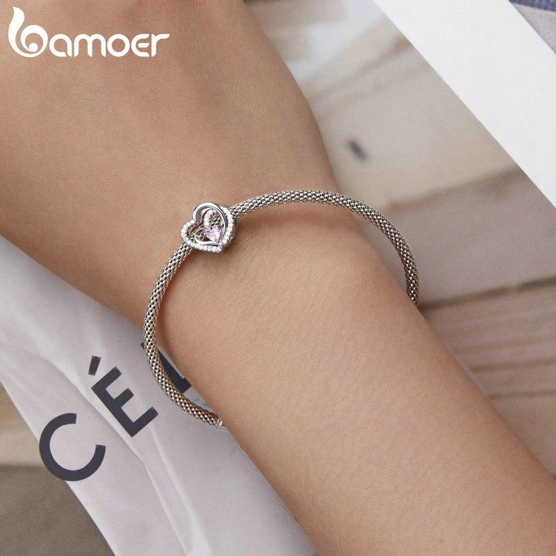 Bamoer 925 Sterling Silver Pink CZ Geometrický dutý korálek od srdce k srdci pro ženy Originální náramek a náramek šperky