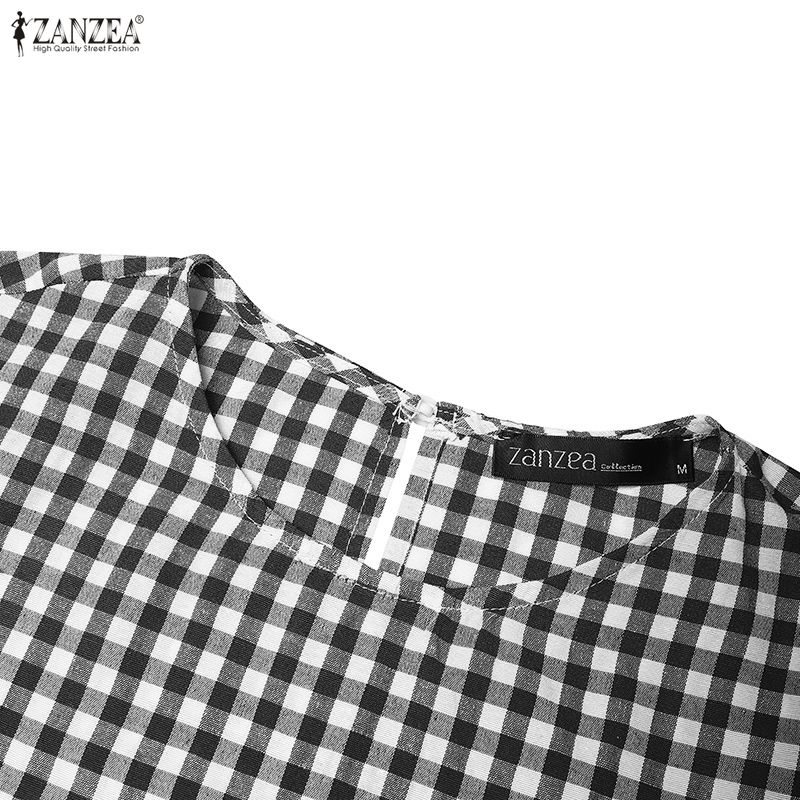 ZANZEA Women Grid Print Casual Round Neck Short Sleeve Dress