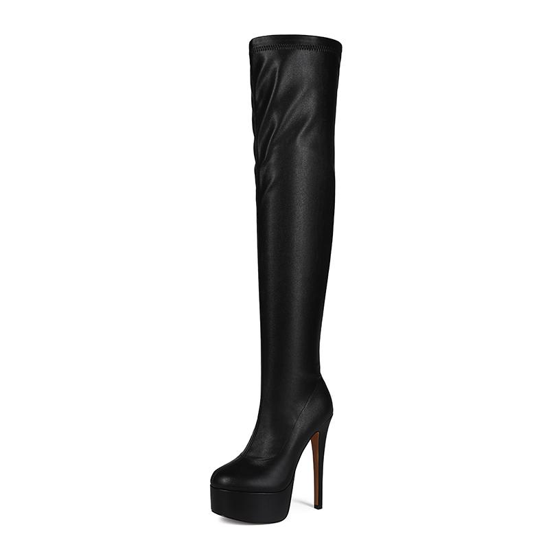 Round Toe Platform Ultra Hollow Out Fine Heel Plush Lining Over The Knee High Boots With Side Zipper Slip On Long Boots 2025
