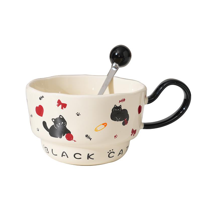 Creative Little Black Cat Ceramic Cup with Spoon for Home Use Large Capacity Office Couple Cup High Value Souvenir Gift Mug
