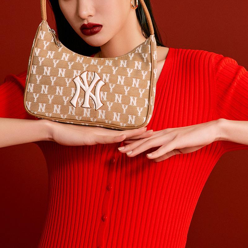 MLB Sports Old Flower Logo Full Mark Polyester Underarm Tote Shoulder Bag Regular Women bags Beige 3ABQS011N-50BGS