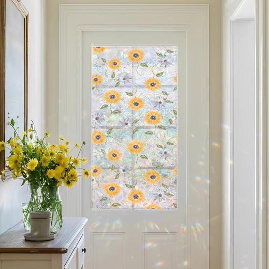 4 Sheets Rainbow Floral Window Privacy Film Stained Glass Decorative Decals Sun Blocking Heat Control Static Glass Clings for Bedroom Living Room