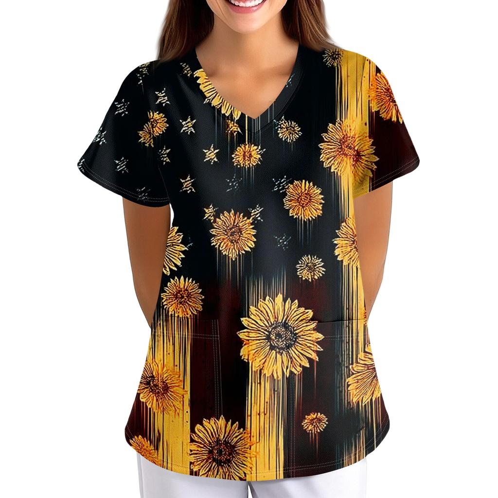 Women's Patriotic Print V-Neck Short Sleeve Scrub Top with Pockets Loose Fit