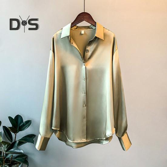 Damen-Hemd mit Revers, langärmelig, einreihig, Oberteile, einfarbig, glatter Satin, lockere Passform, vielseitiges Hemd