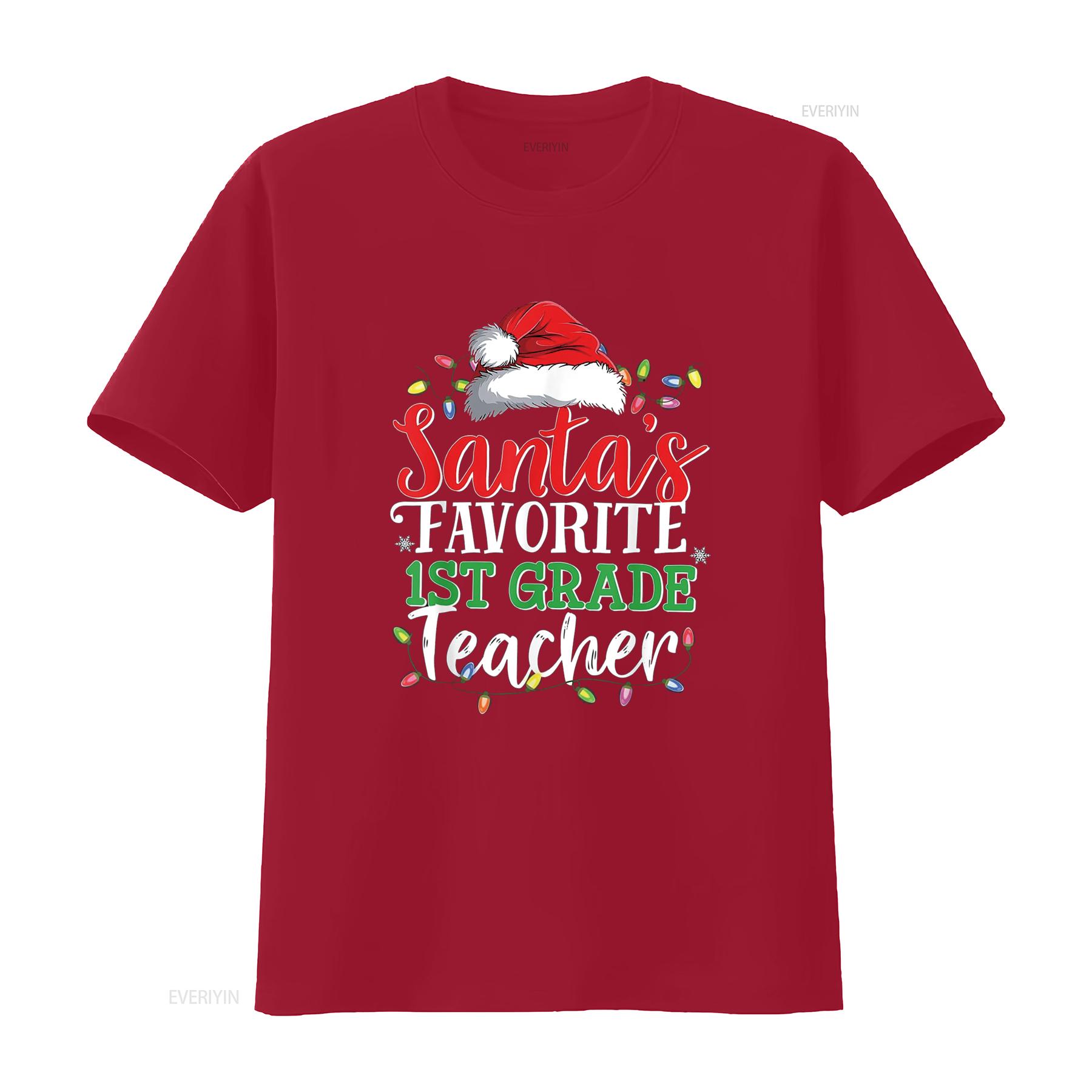 Santa s Favorite 1st Grade Teacher Christmas Funny T Shirt vintage Washed Casual streetwear graphic homme Soft Breathable S