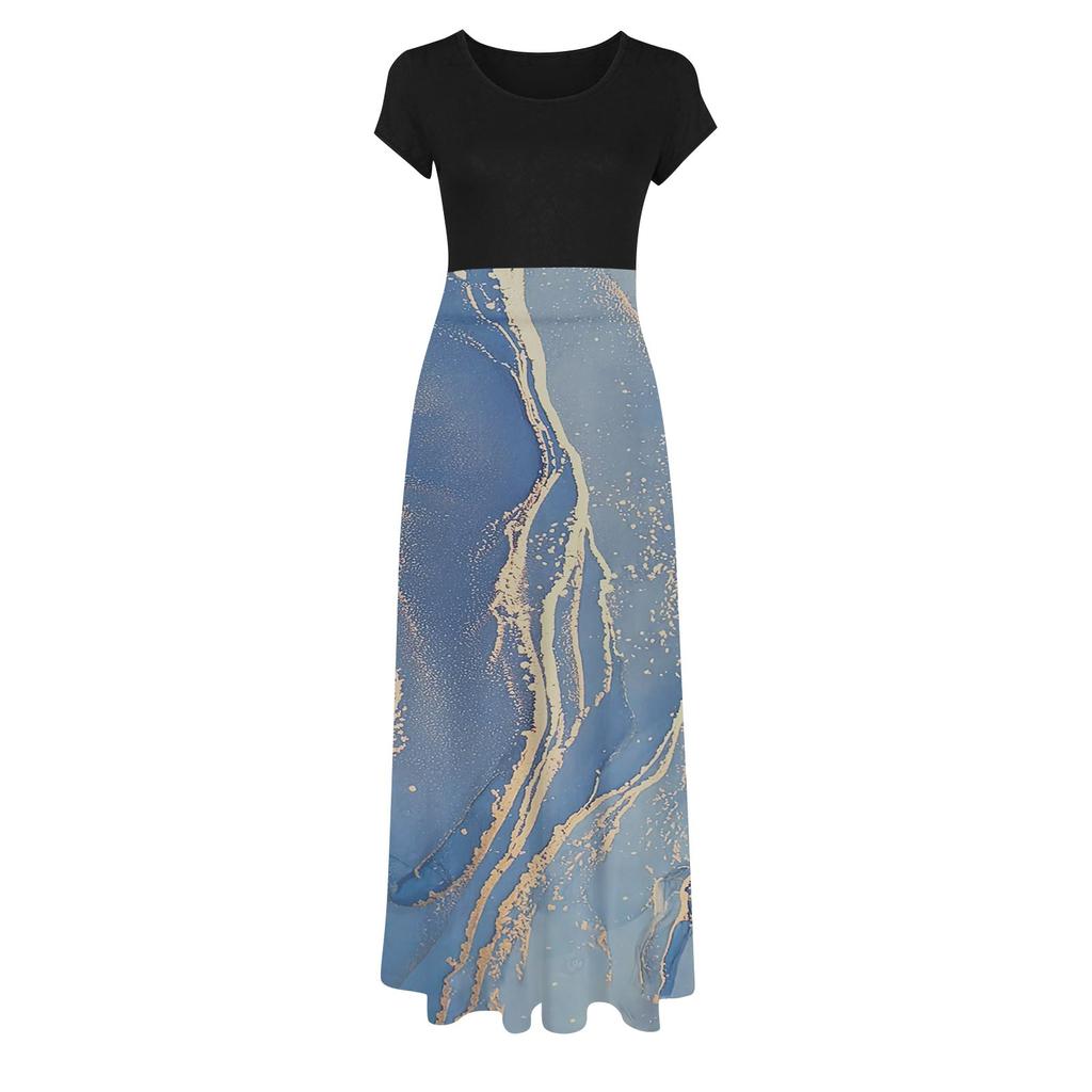 Women's Summer Fashion Casual Vintage Printed Crewneck Short Sleeve Maxi Skirt