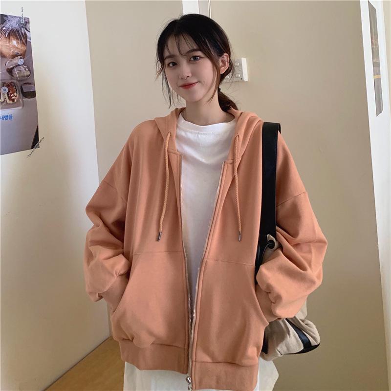 Double Hat Spring and Autumn Loose Zipper Long Sleeve Cardigan Jacket for Women Korean Solid Color Hooded Sweatshirt for Women