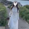 Gray Striped Knit Dress Set for Women: 2025 Autumn Korean Style Long Dress