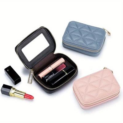 Taşınabilir Deri Kozmetik Çantası Mini Ruj Zarfı Moda Bozuk Para Cüzdanı Makyaj Aynalı