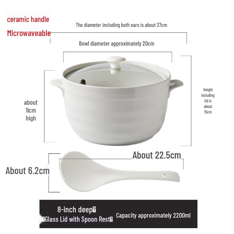 Double Ear Ceramic Soup Bowl Set with Lid - Microwave Safe, Includes Large Spoon and Tureen, Pure White, Creative Design (8 Bowls)