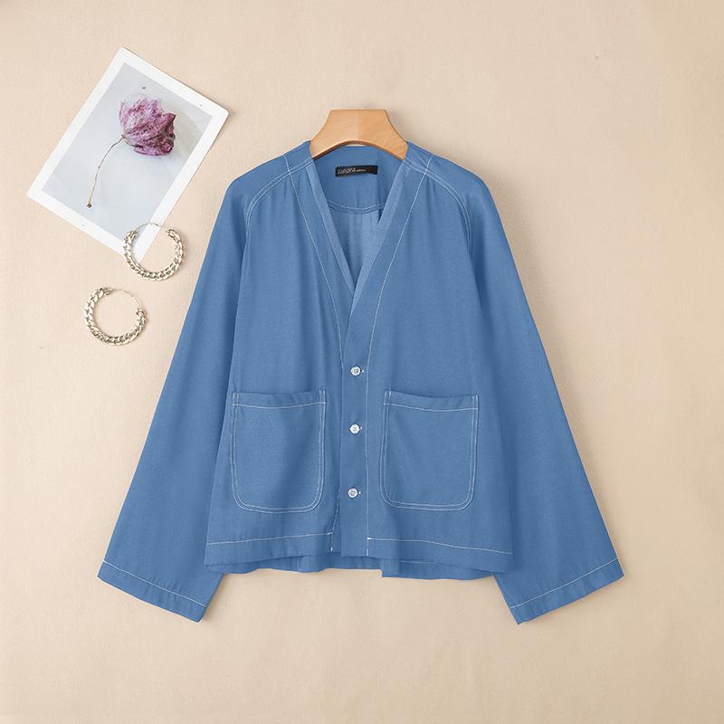 ZANZEA Women Casual V-Neck Loose Long Sleeve Blouse