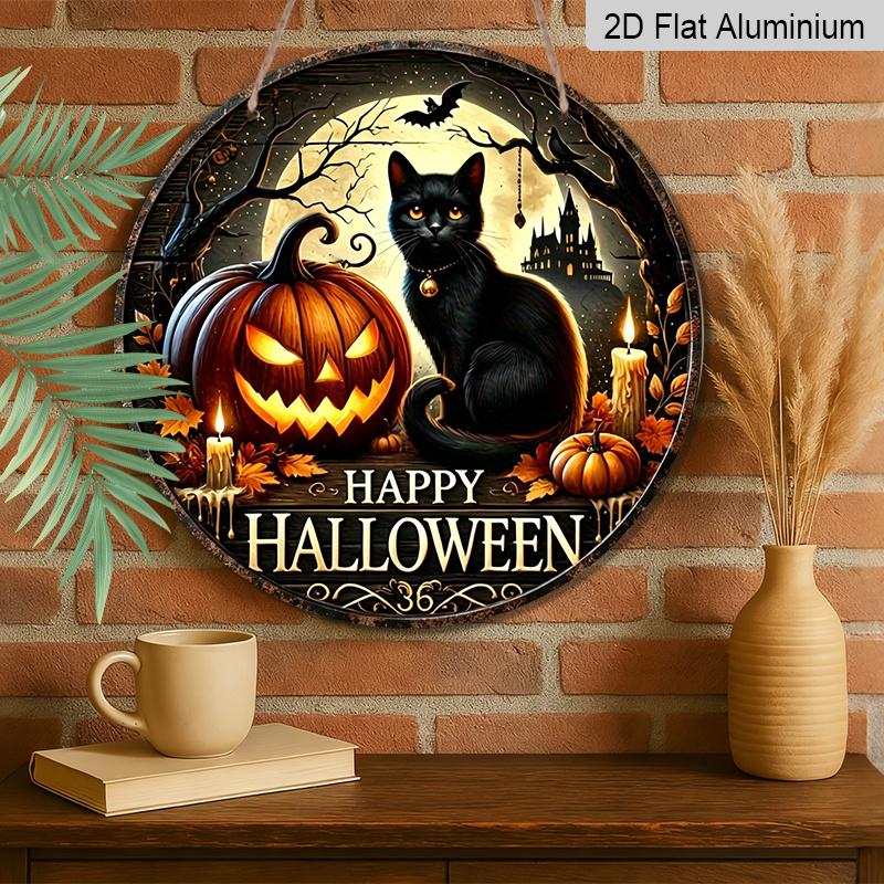 2D Flat, 1pc Vintage Halloween Black Cat Wall Decor, Round Aluminum Hanging Sign Featuring "Happy Halloween" Text, Pumpkin Lantern And Bat Patterns