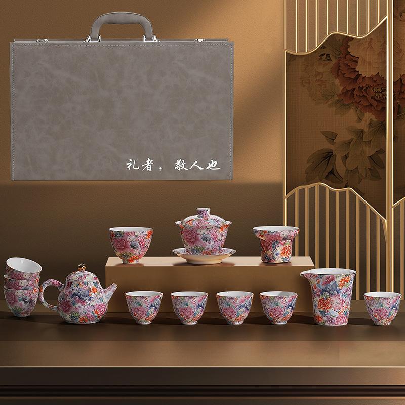 Souvenir Enamel Color Wanhua Ceramic Kung Fu Tea Set Creative Annual Meeting Gifts High-end Guochao Tea Ware Teacup