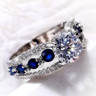 Spezielle-interesse Trauringe Frauen Blau/Weiß Runde CZ Roman Entwickelt Weibliche Party Ring Temperament Geschenk Trendy Schmuck