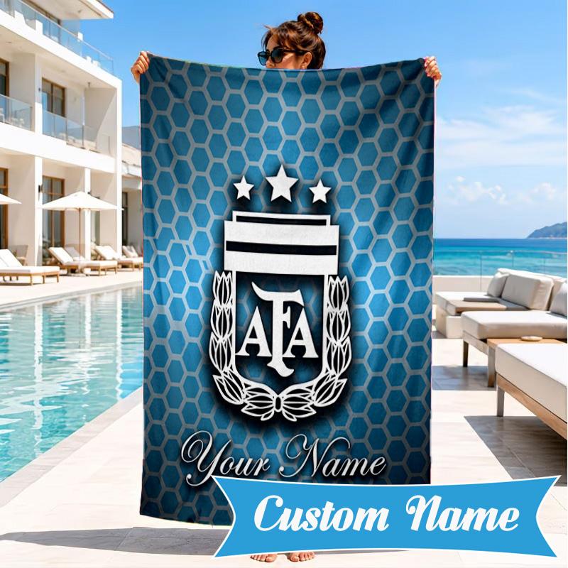 Custom Name Argentina Football Crest Personalized Microfiber Beach Towel, Quick-Dry, Ideal for Summer Travel, Beach Essential, Swimming