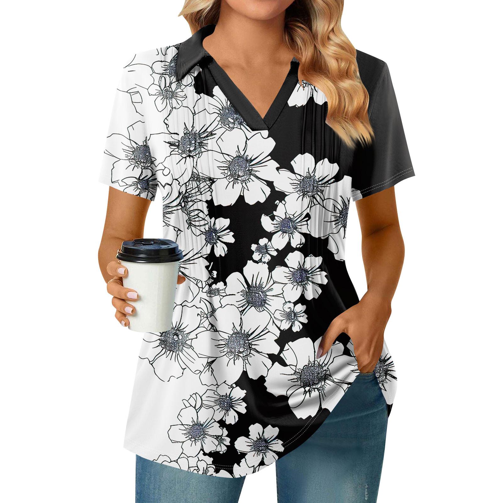 

Женские футболки с коротким рукавом, плиссированные, с V-образным вырезом, с принтом, с воротником, летние топы, модные, деловые, повседневные, рабочие XXL чёрный