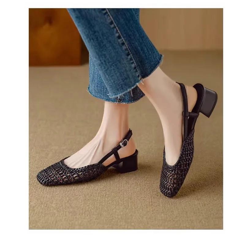 French Shallow Women's Sandals Summer New Mesh Hole Office Career Shoes Hollow Buckle Strap Roman  Mid Thick Heel  Sandalias