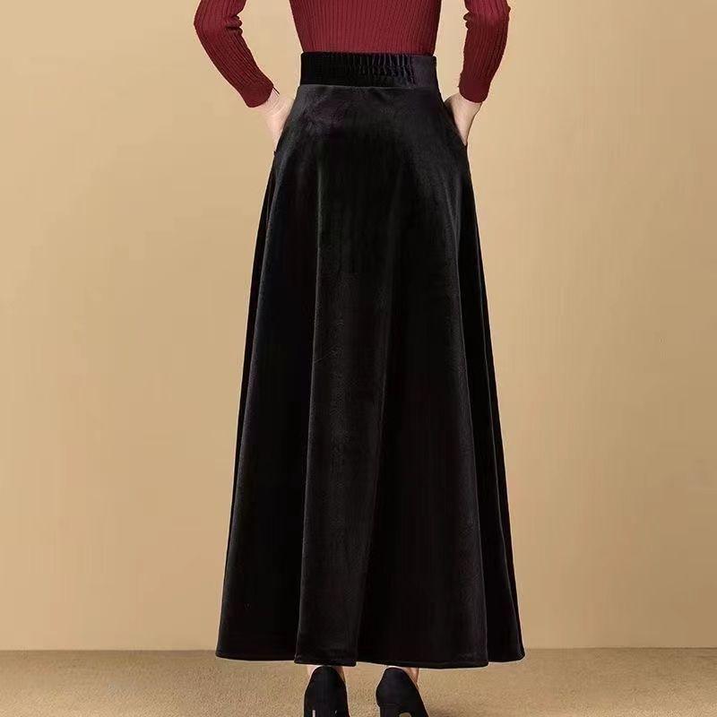 Autumn Women's Gold Velvet Long High-Waist A-Line Skirt Black
