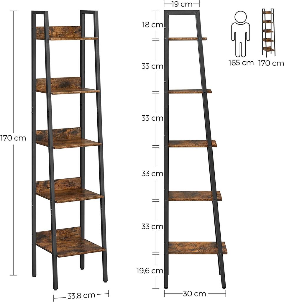 VASAGLE Stegställ, 5-vånings smalt hyllplan, Bokhylla för hemmakontor, Vardagsrum, Sovrum, Kök, Industriell, Rustik brun och svart LLS109B01