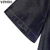 VONDA Women Elegant Short Sleeve Stitching Buttons Up Casual Mini Dress