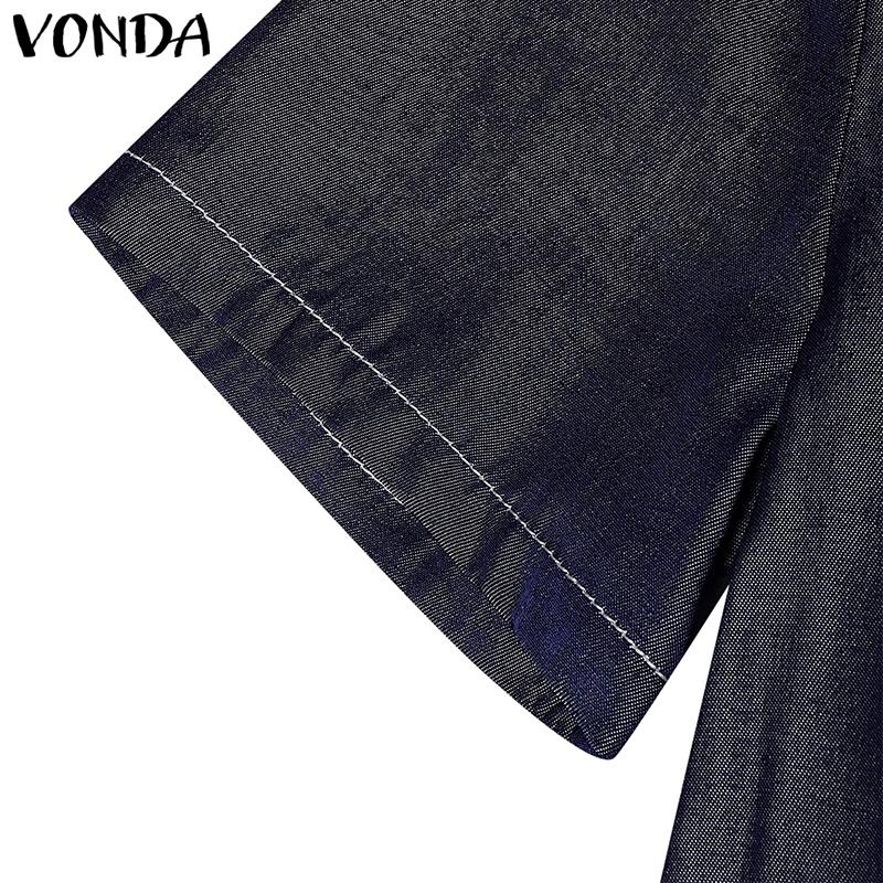 VONDA Women Elegant Short Sleeve Stitching Buttons Up Casual Mini Dress