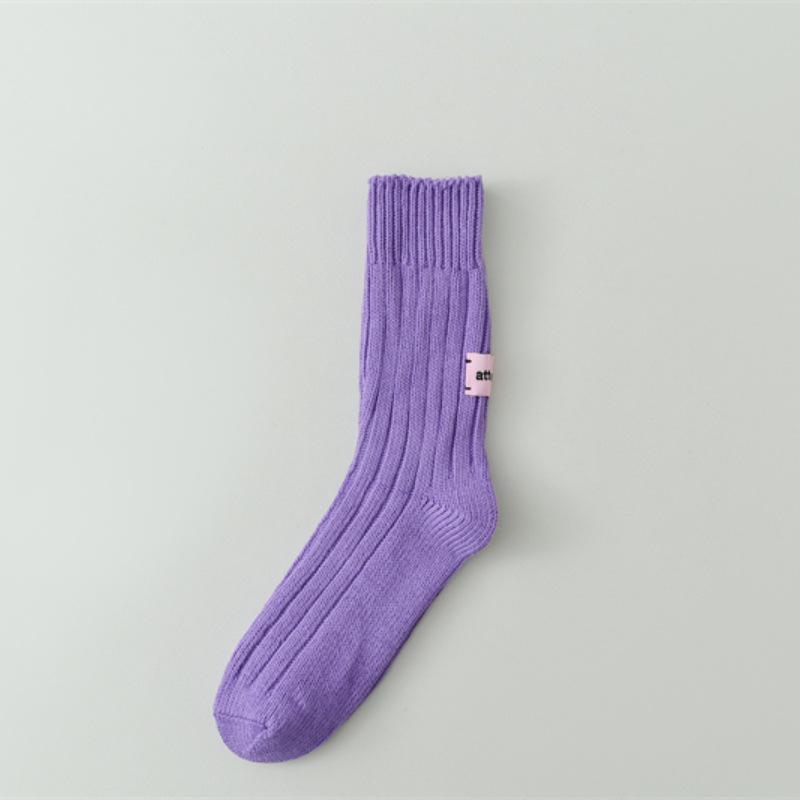 Japanese Pink Label Chunky Knit Mid-Calf Socks - Unisex Solid Color Raw Cotton