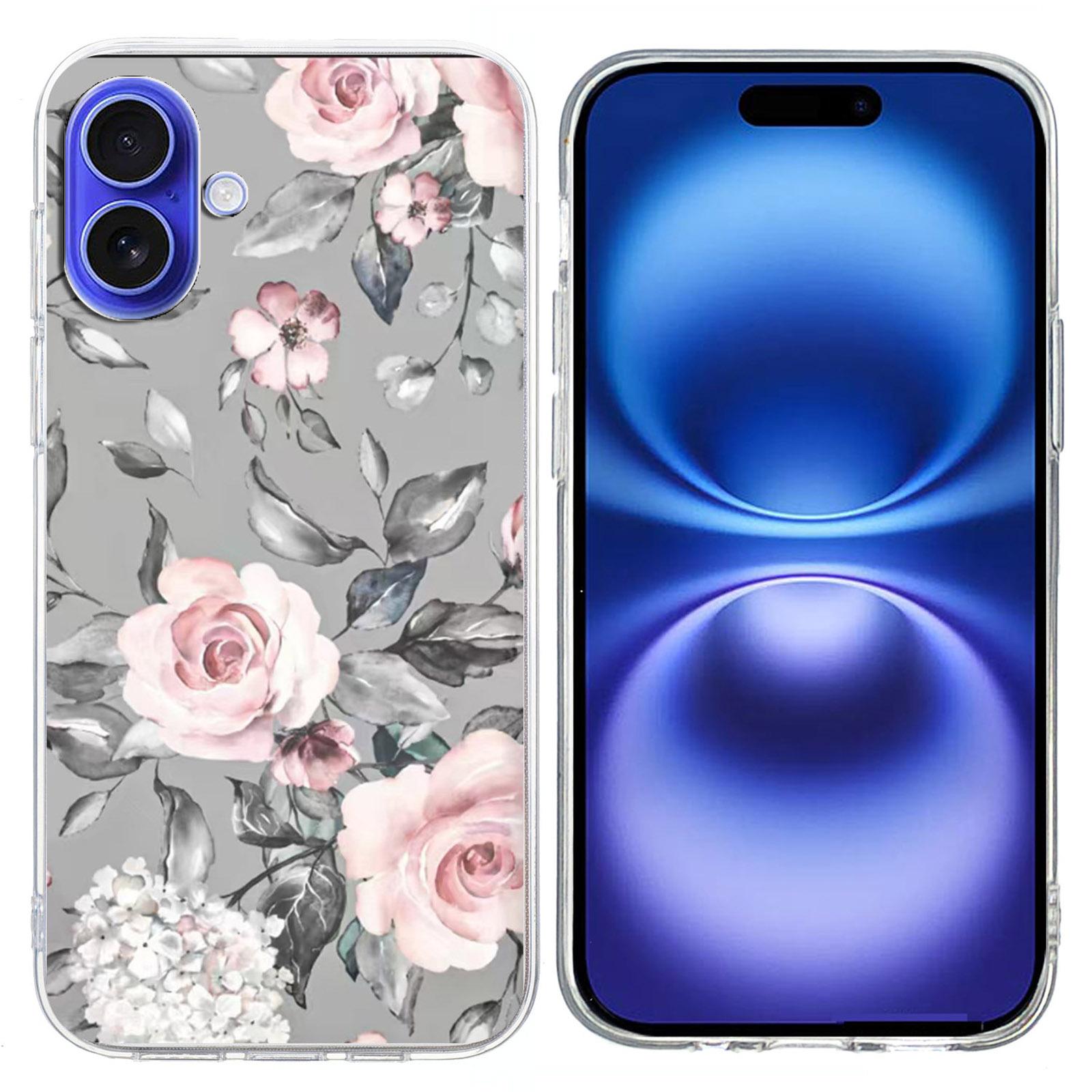 

For iPhone 16 Plus Case Pattern Printing Shockproof Soft TPU Phone Cover Grey Background Flowers