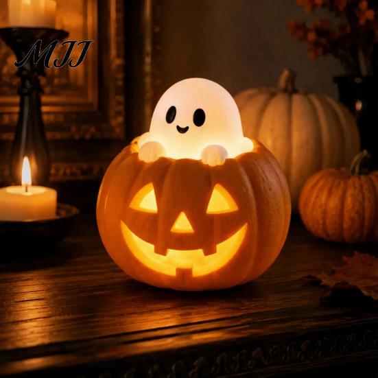 Fantasy Harz Ornamente Halloween Kürbis Lampe, Gotische Leuchtende Tischdeko für Zuhause, Dunkle Raum Akzente Gruseliger Drache Geist Schwarze Katze Ornament,