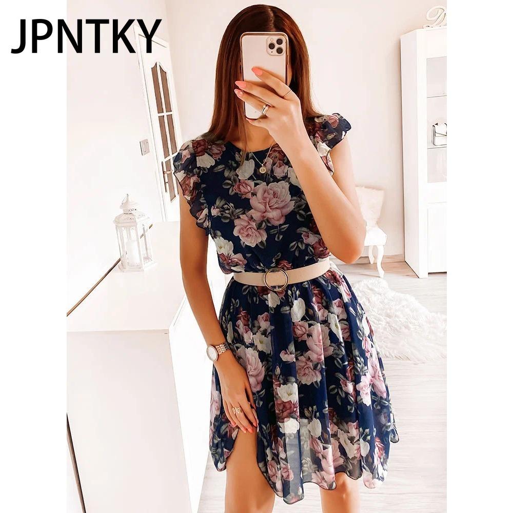 JPNTKY Fashion Women Casual Loose O-Neck Butterfly Sleeve Floral Print Dress