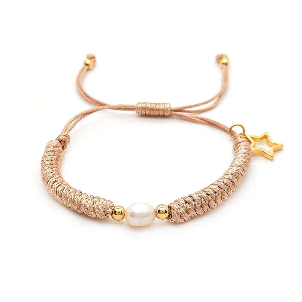 Bohemian Style Freshwater Pearl Bracelet with Hollow Star Charm On Waxed Cord