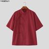 INCERUN Vintage Men Summer Stand Neck Short Sleeve Side Buttons Casual Traditional Style Shirts