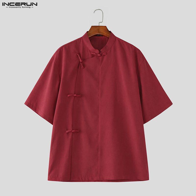 INCERUN Vintage Men Summer Stand Neck Short Sleeve Side Buttons Casual Traditional Style Shirts