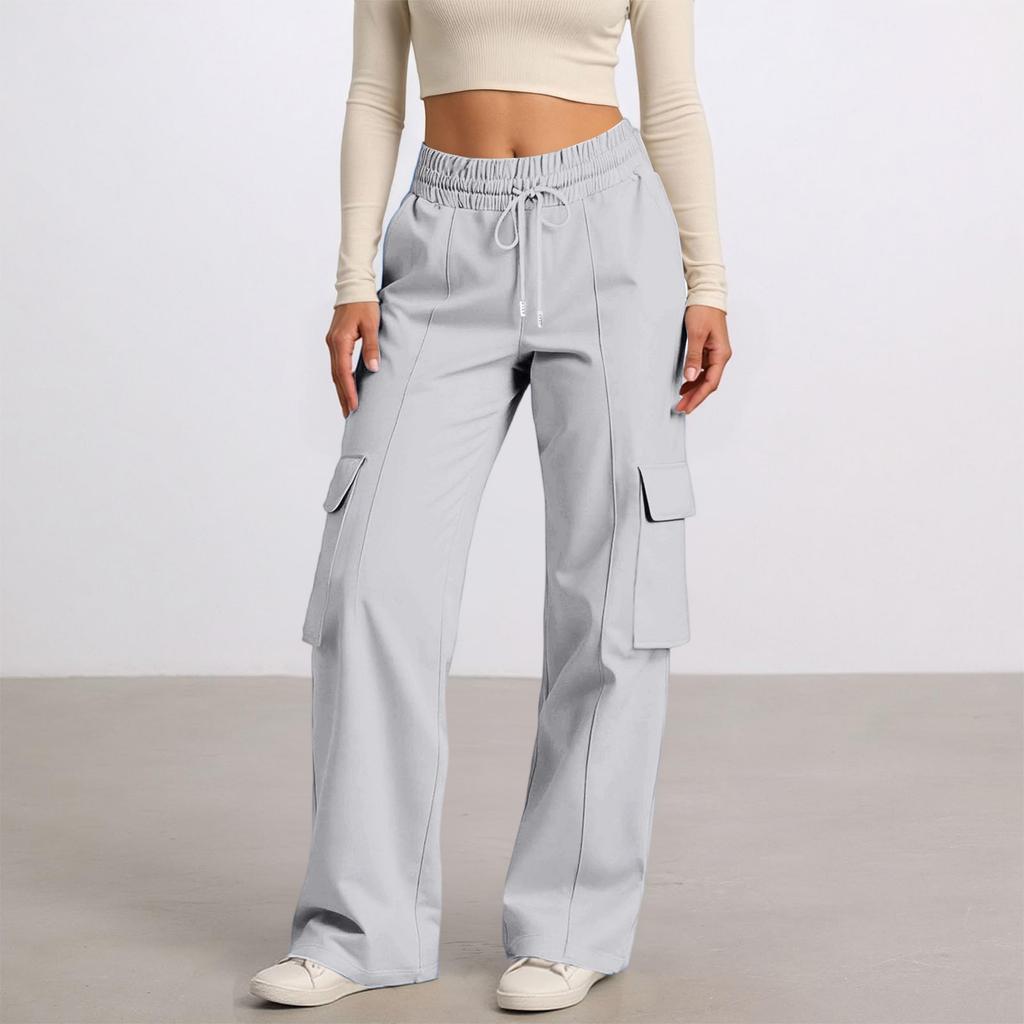 Women's Casual Fashion Solid Color Elastic Waist Drawstring Workwear Wide Leg Pants With Pockets
