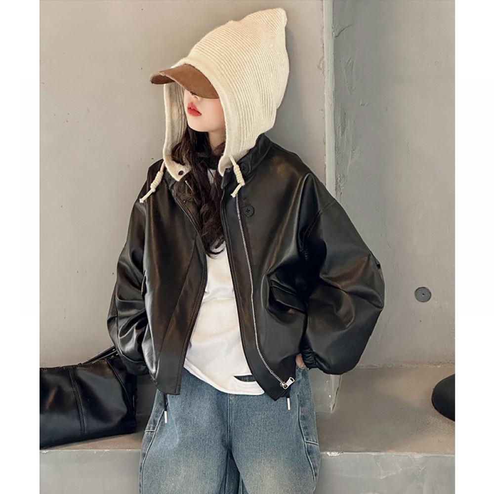 Winter And Girls Autumn Coat New Style Midlarge Childrens Western Style Loose Spring And Autumn Leather Jacket Girls Allmatch Hooded Biker Suit