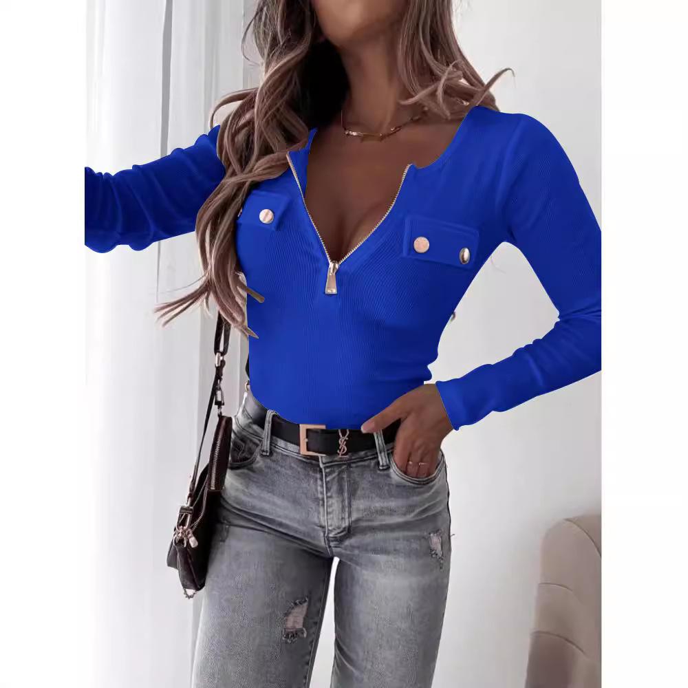 2025 Women's Ribbed Knit Slim-Fit V-Neck Long Sleeve Pullover with Metal Zipper