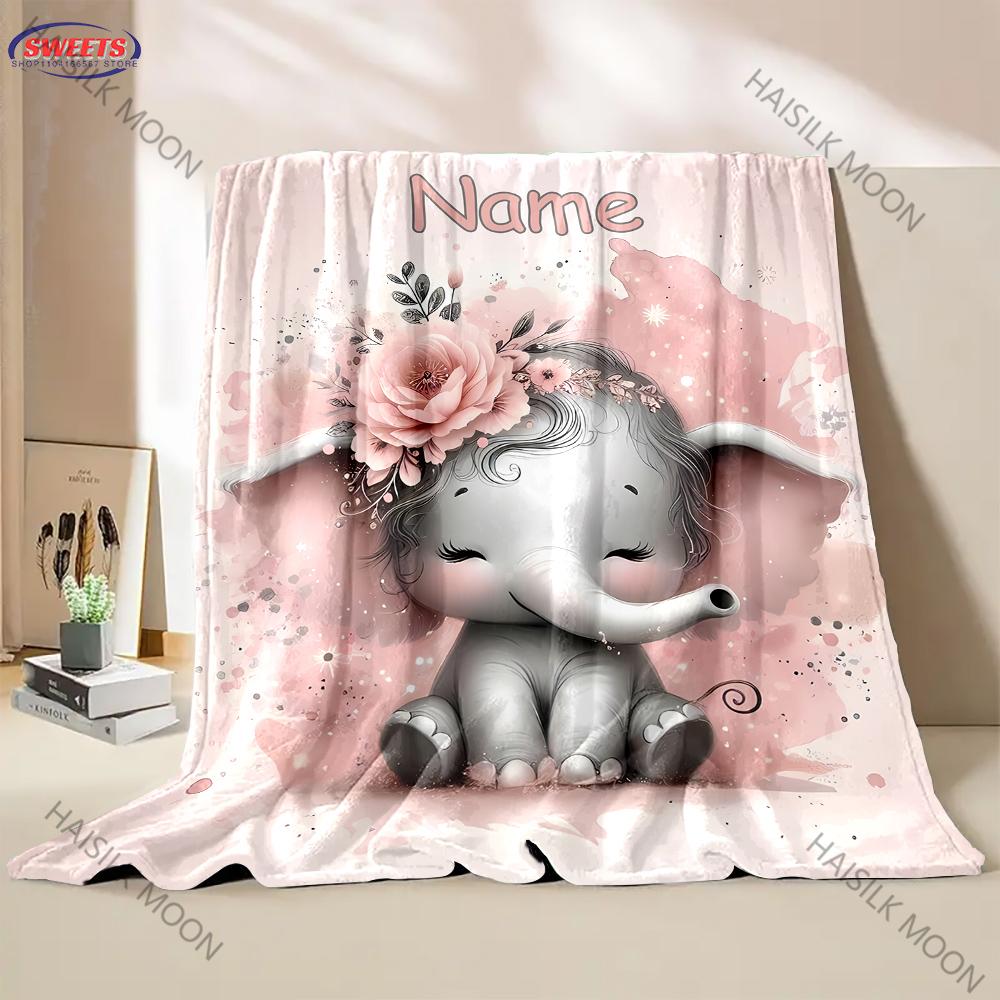 Baby Elephant with Flowers Printed Blanket Custom Name Blanket Bed Office Shawl Four Seasons Blanket Multiple Sizes Special Gift