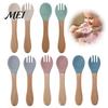 Complementary Feeding Essentials Baby Led Weaning Spoon And Fork Set, Soft Silicone Utensils with Wooden Handles, Toddler Self-Feeding Tableware,