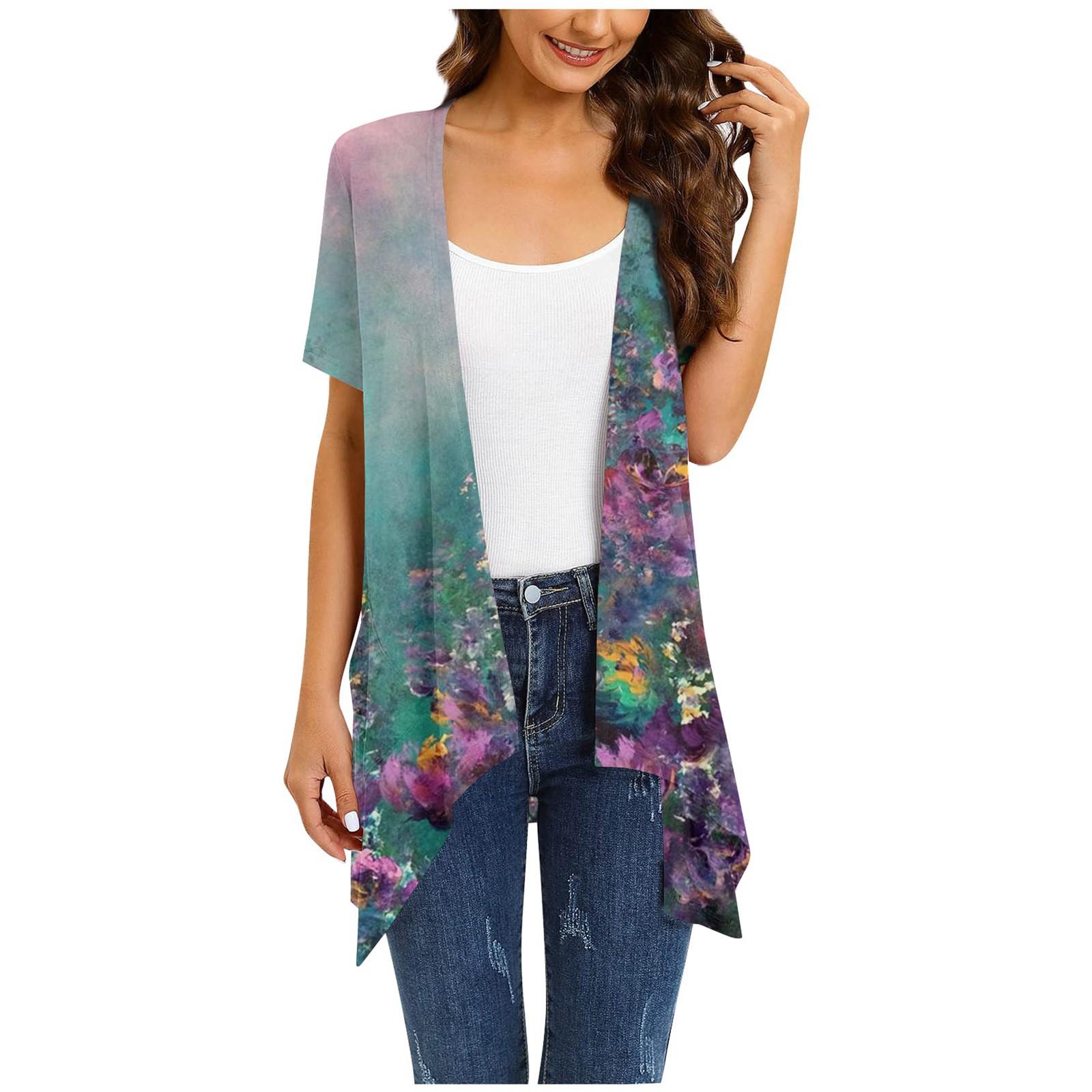 

Женский кардиган неправильной формы с короткими рукавами и цветочным принтом и карманами M зелёный